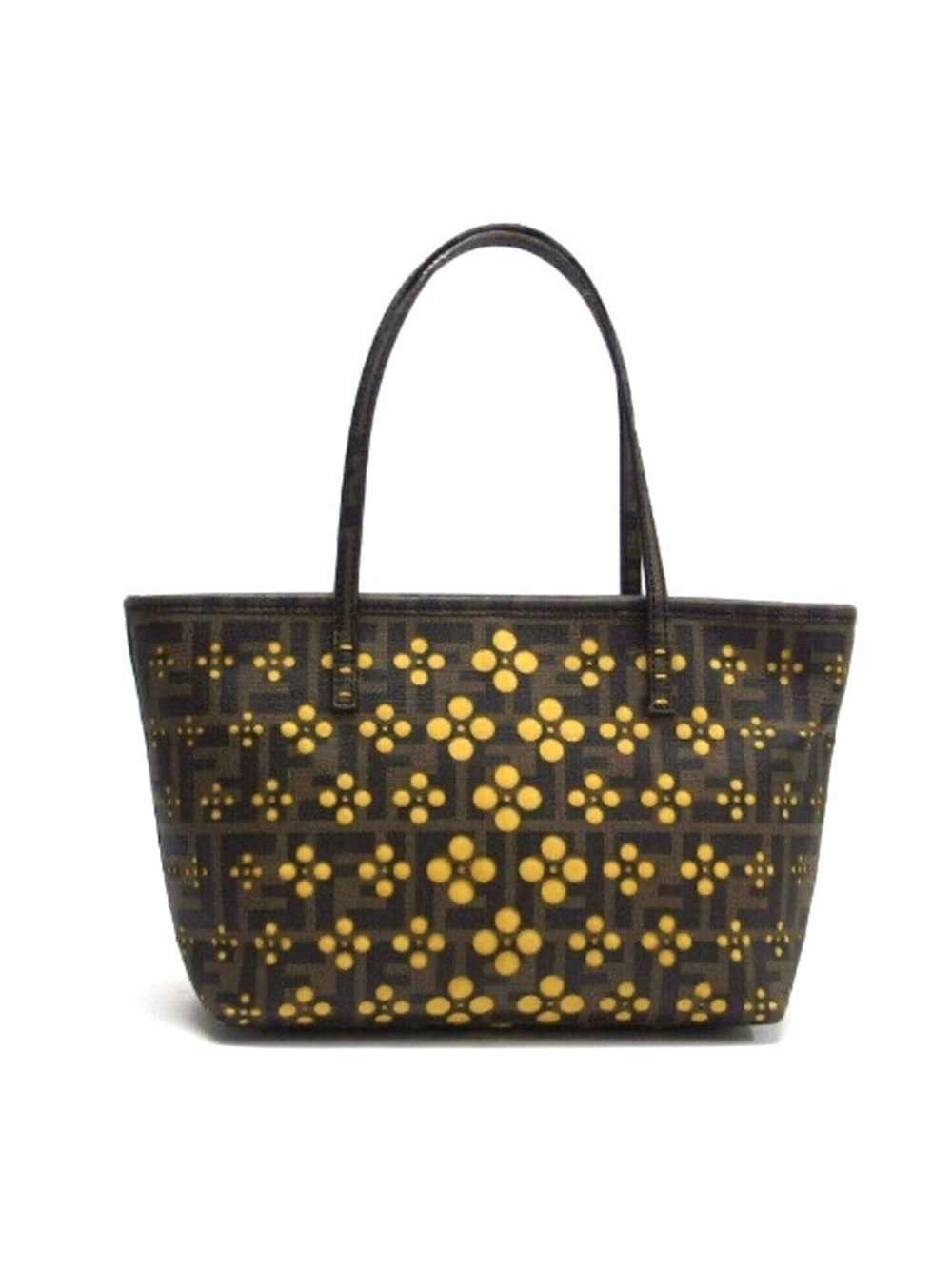 Authentic FENDI Zucca Brown Yellow Flower Pulling Zucca Tote Bag Zip Closure